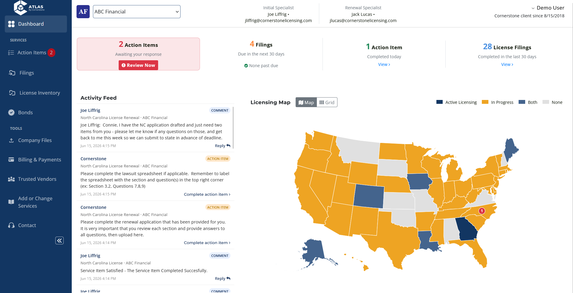 The Atlas dashboard showing action items, filings due, completed work, and a licensing status map.