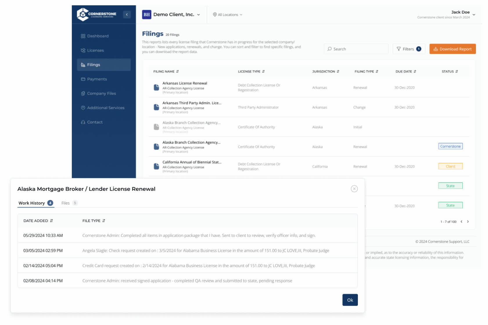 The Atlas status history showing one filing move from drafted to filed to issued.