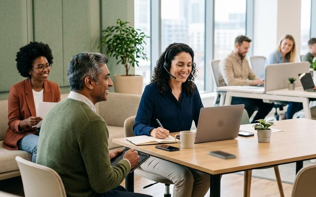 Office colleagues speaking over laptops in a bright shared workspace