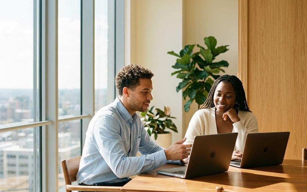 Two colleagues reviewing a laptop beside a potted plant
