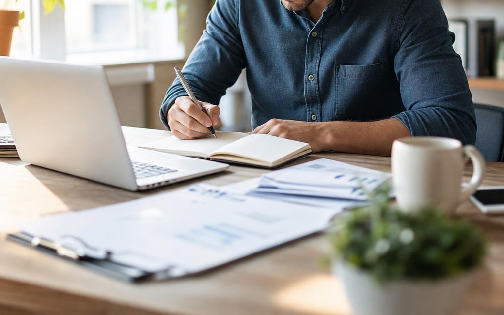 A new investor taking handwritten notes beside a laptop and printed paperwork