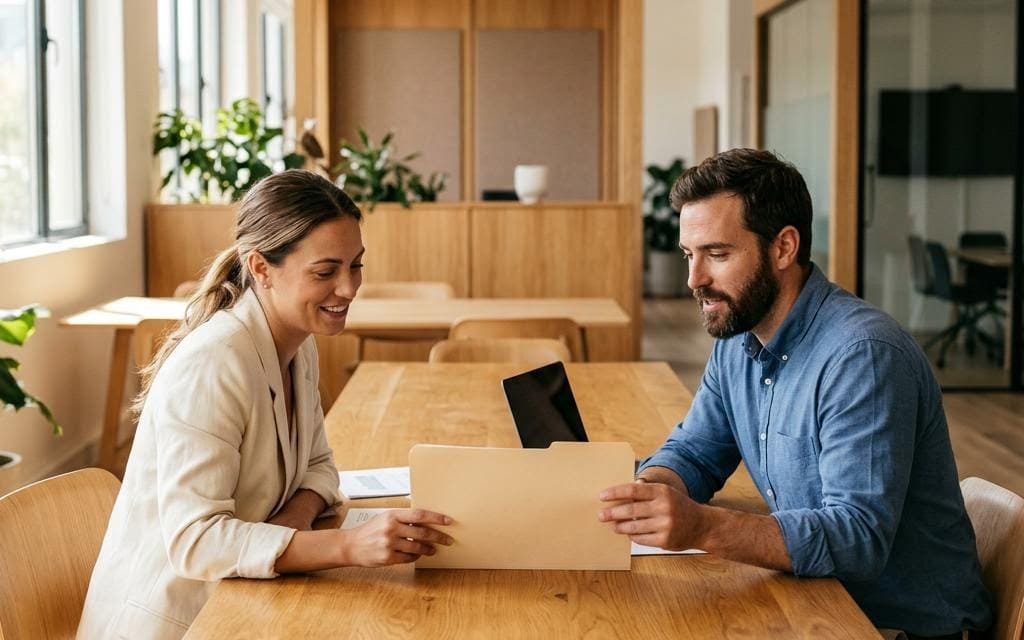 Two colleagues consulting an open folder at a wooden meeting table