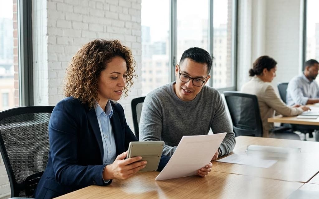 Two coworkers reviewing printed documents at a shared office desk