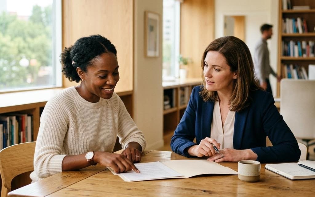 Two colleagues consulting a folder at a wooden meeting table