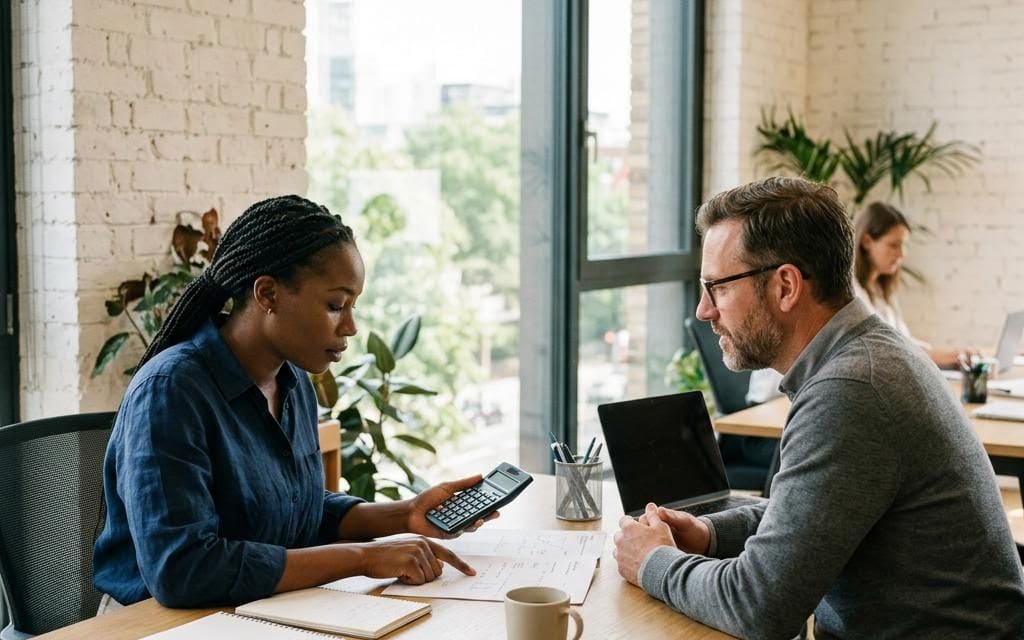 Two coworkers reviewing papers and a tablet in a bright office