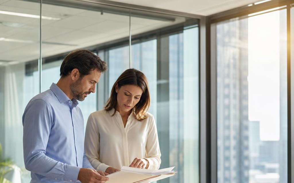 Two professionals examining a stack of loan files in a bank conference room