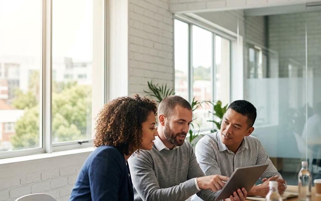 Three coworkers examining a tablet in a bright office meeting room