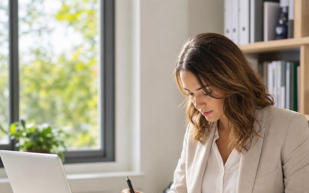 An accountant working through tax paperwork with a laptop and calculator