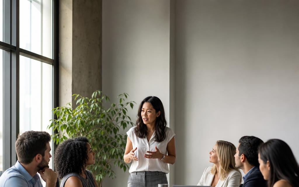 A board meeting in a bright room with one member standing to present