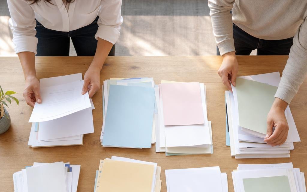 Overhead view of hands sorting documents into several separate piles