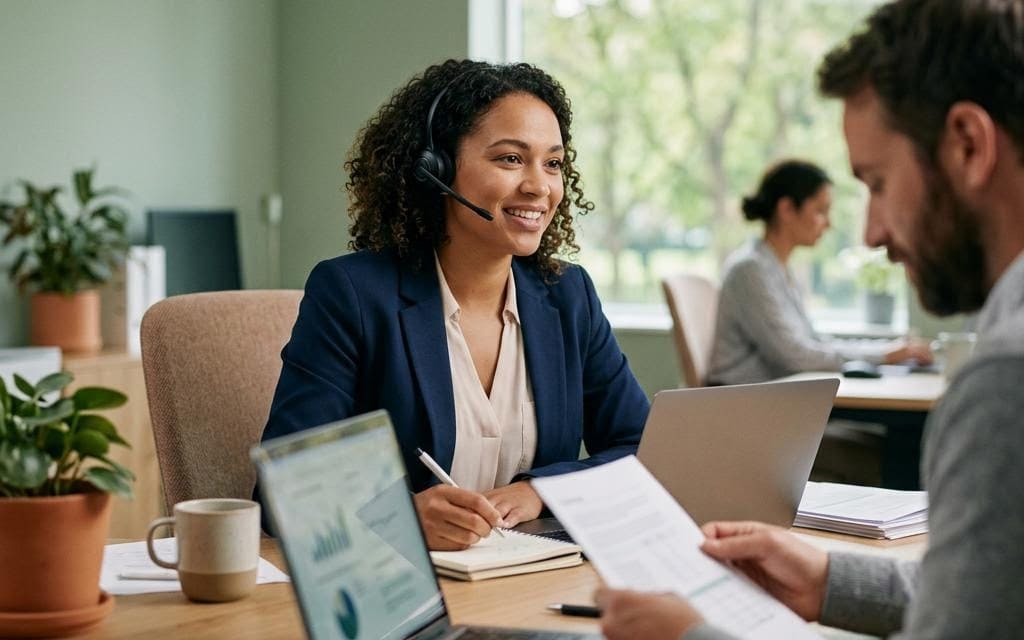 A headset-wearing professional discussing paperwork with a colleague