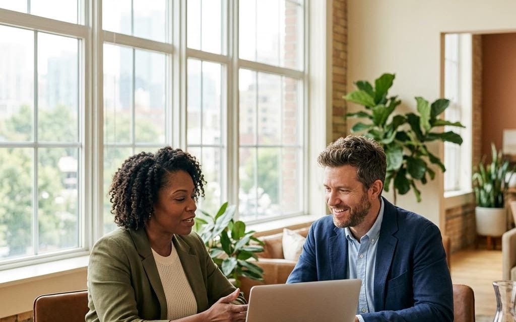 Two coworkers discussing a laptop beside bright windows