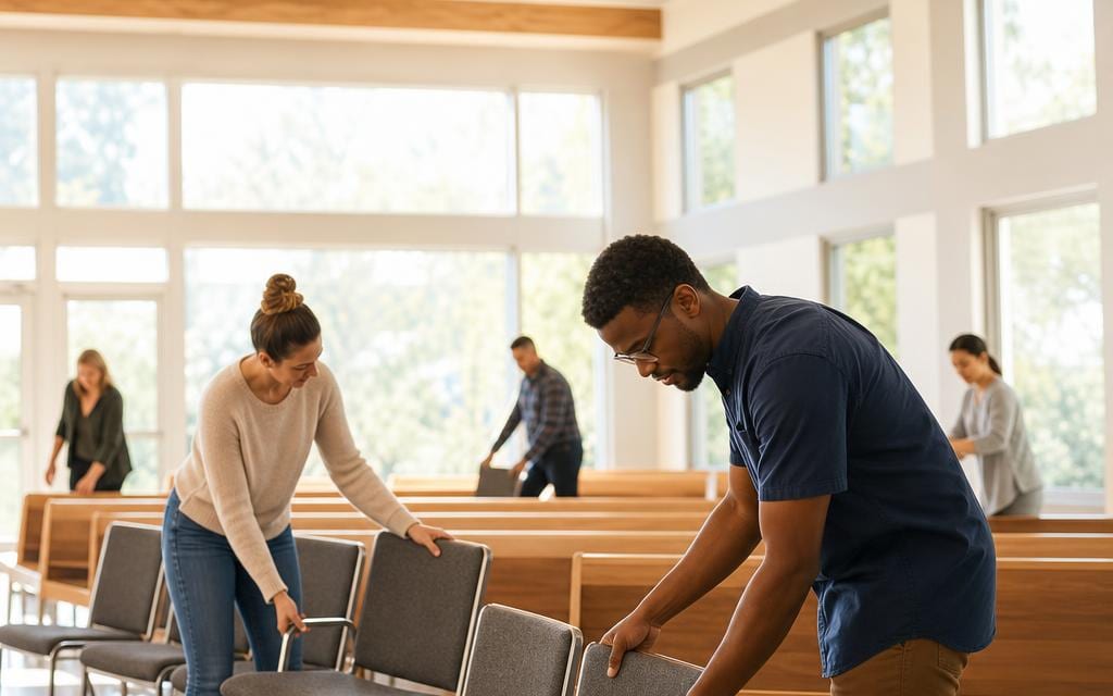 A bright community hall with tall windows being set up for a gathering