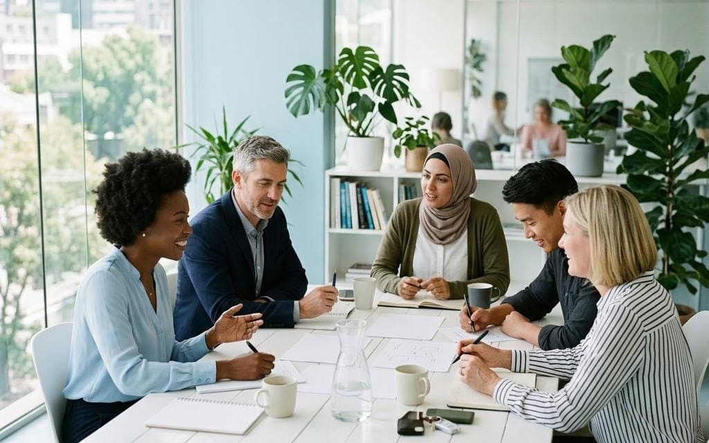 A small team discussing paperwork around a white conference table