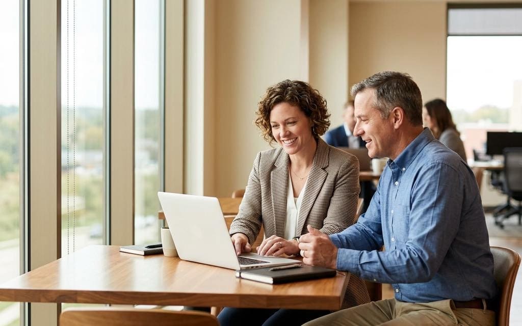 Two colleagues reviewing a laptop beside bright windows