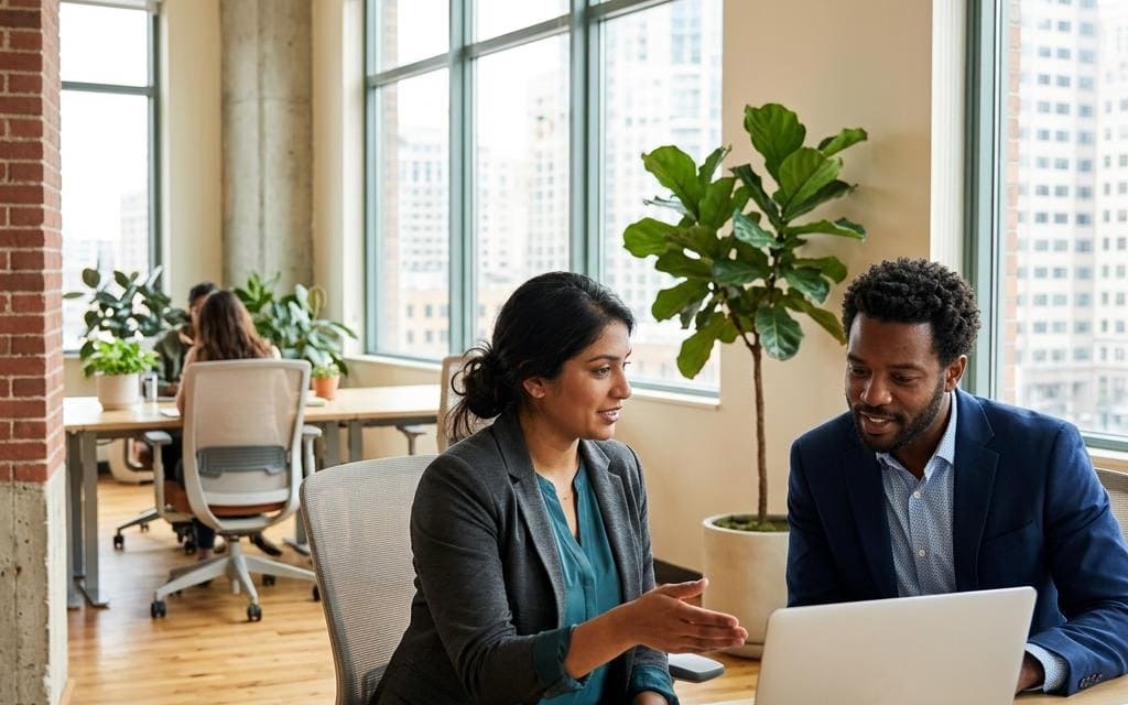 Two colleagues discussing a laptop beside large office windows