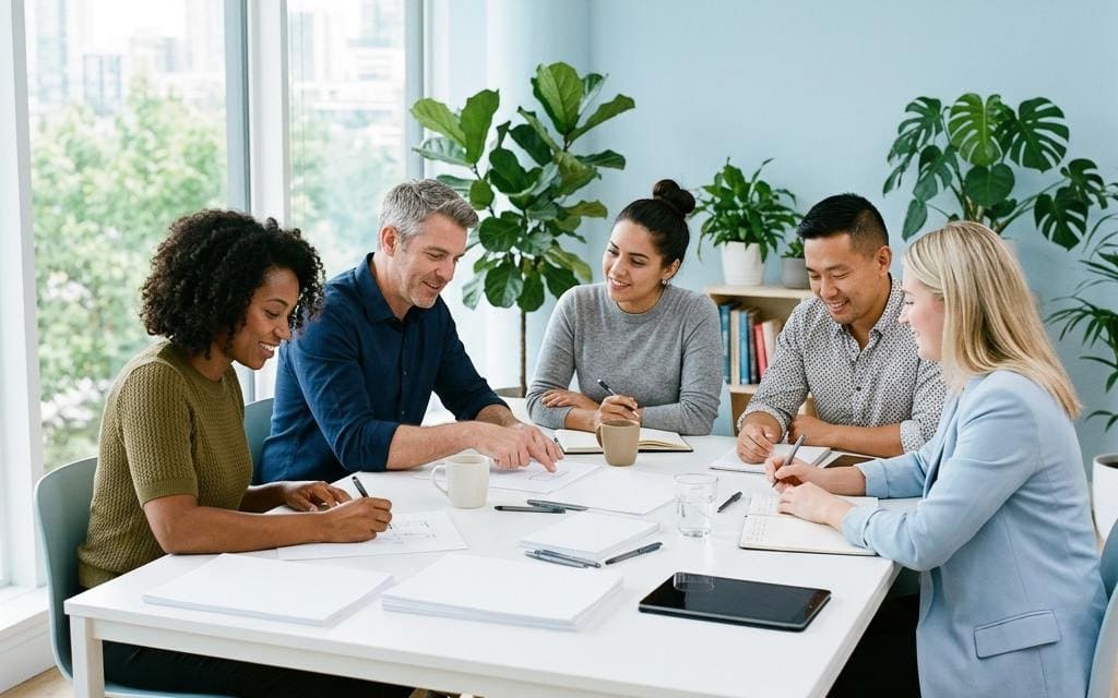 A small team working through documents at a white meeting table