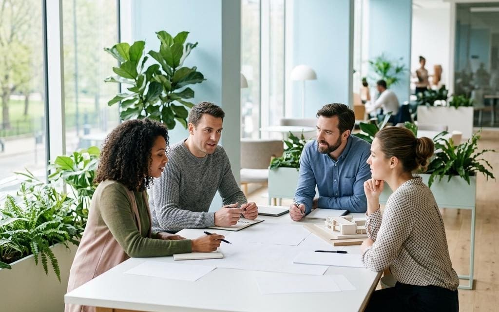 A small team reviewing documents around a white office table