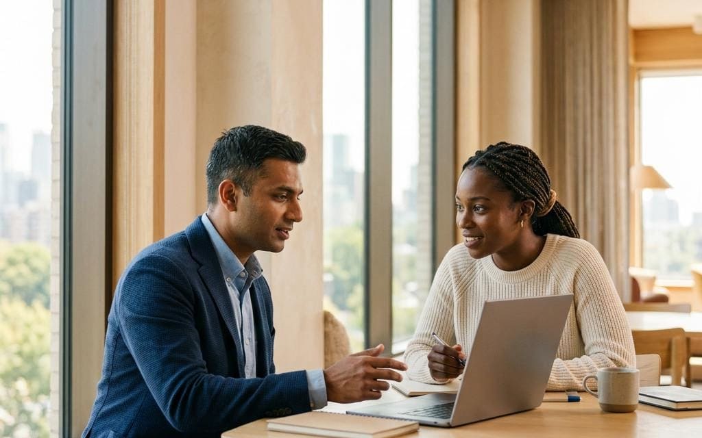 Two coworkers discussing a laptop in a sunlit meeting space