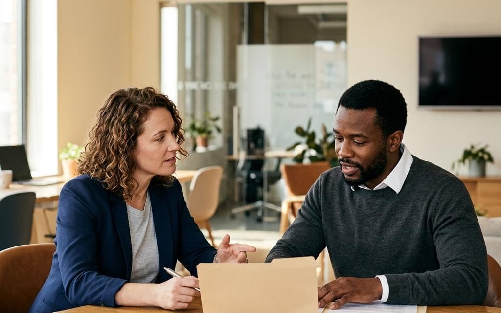 Two colleagues discussing a folder at a wooden meeting table
