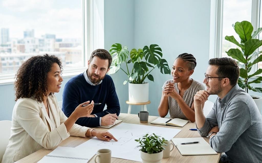 A small team reviewing paperwork around a white table