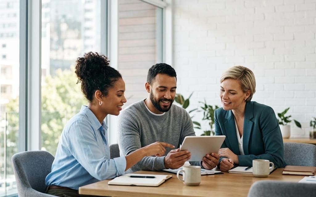 Three colleagues reviewing a tablet at a bright meeting table