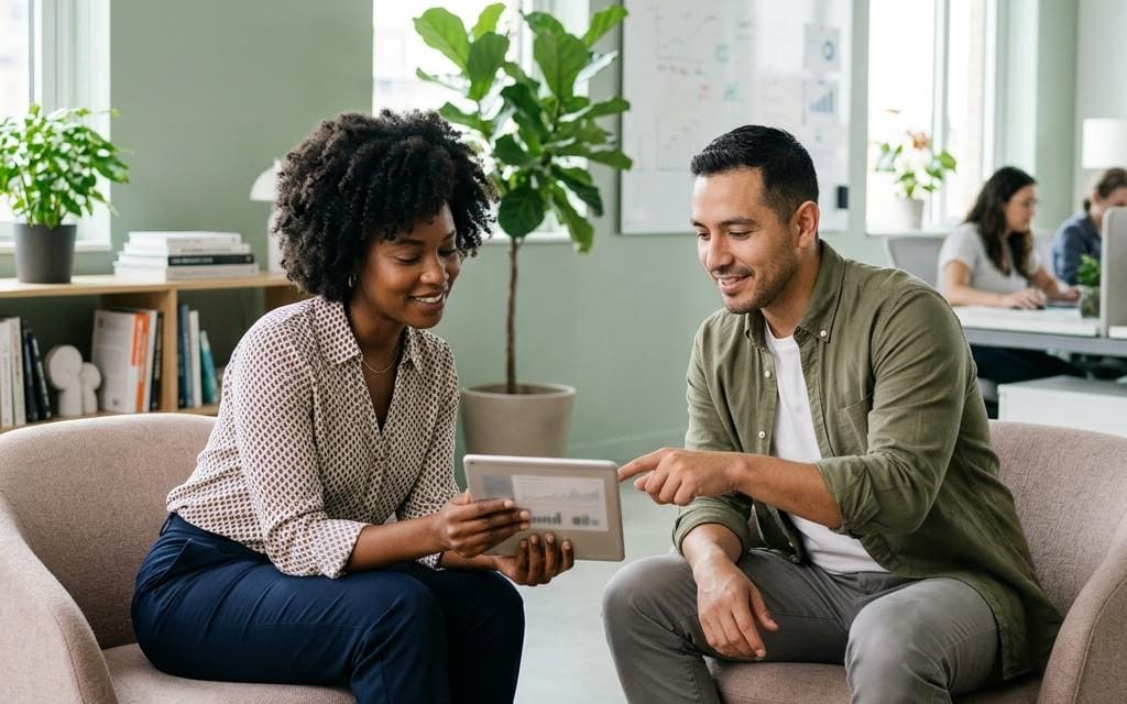 Two coworkers discussing a tablet in a bright office lounge