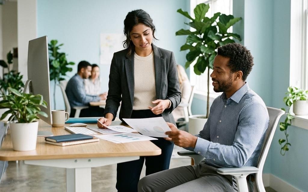 A standing colleague discussing paperwork with a seated coworker
