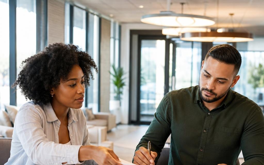 Two people at an office table organizing and signing incorporation paperwork