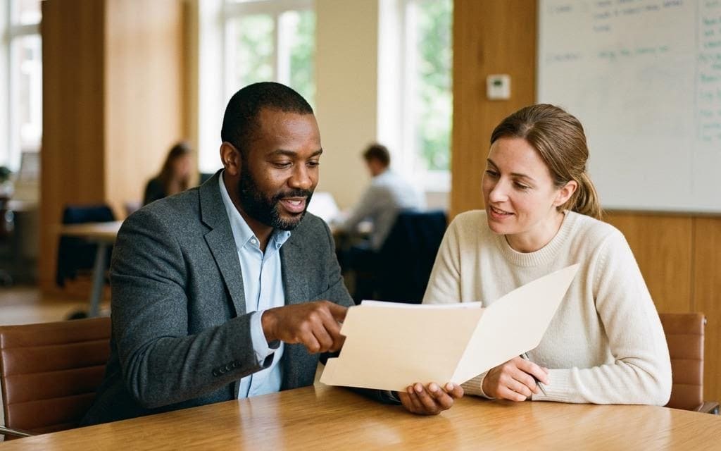 Two colleagues discussing a tablet at a wooden office table
