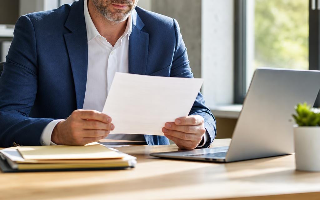 A professional at a desk reading an official determination letter