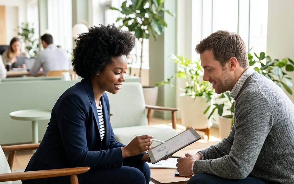 Two coworkers discussing documents at an office lounge table