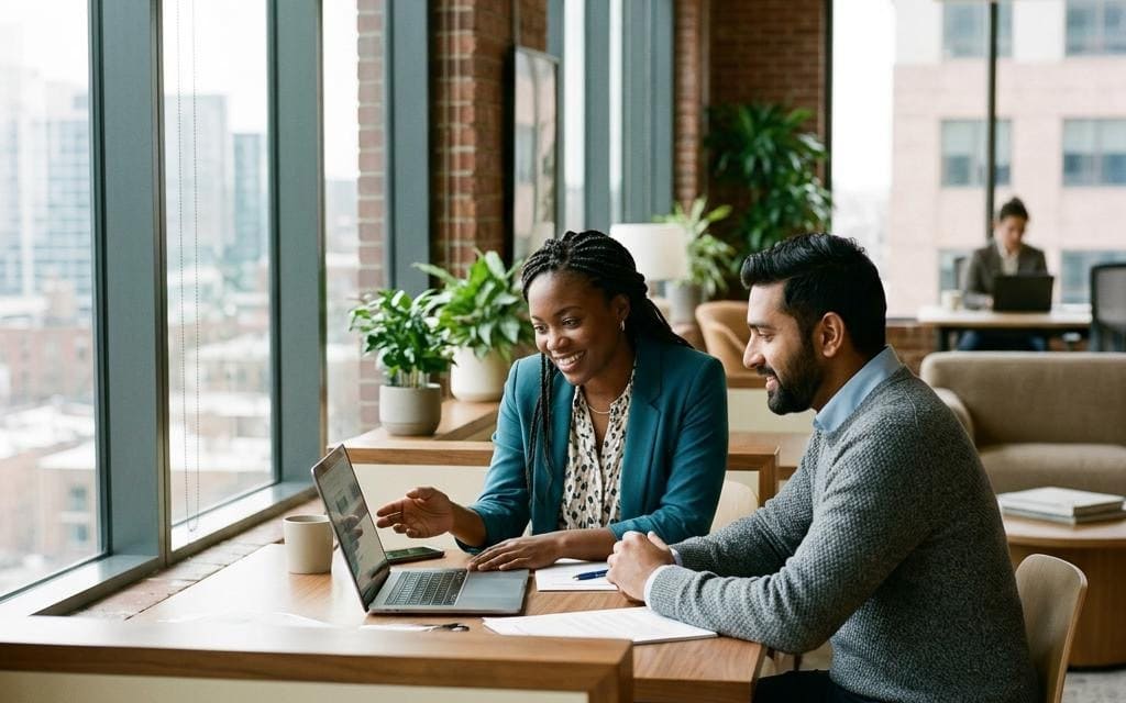 Two colleagues reviewing a laptop together beside office windows