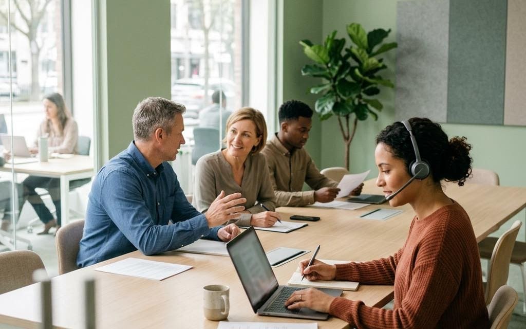 A team collaborating at laptops in a bright meeting space