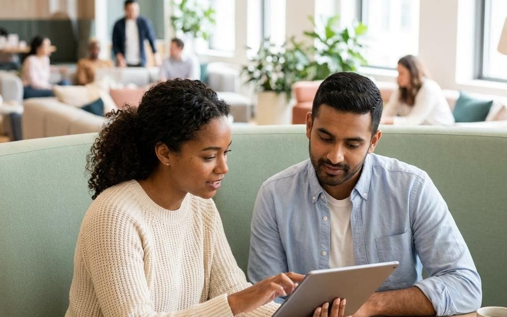 Two colleagues comparing a tablet in a bright office lounge