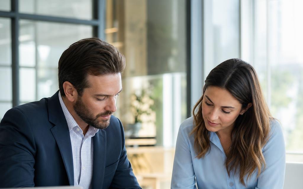 A lender and borrower reviewing a loan document together across a table