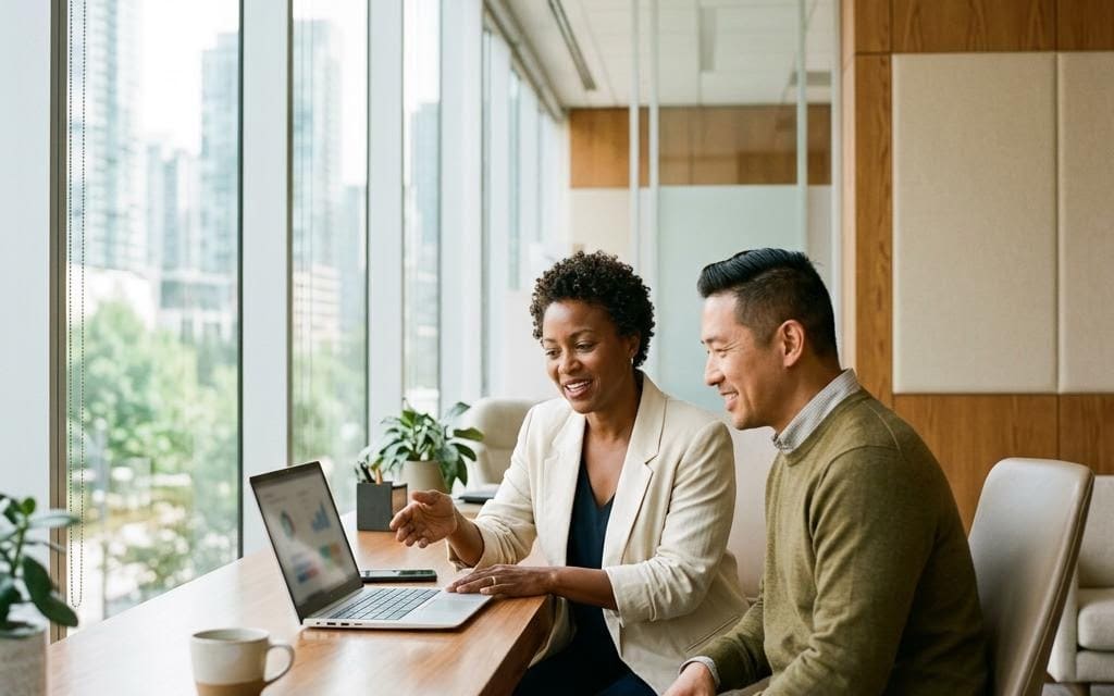 Two colleagues discussing a laptop beside bright windows