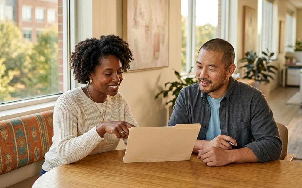 Two colleagues reviewing a folder together at a wooden table