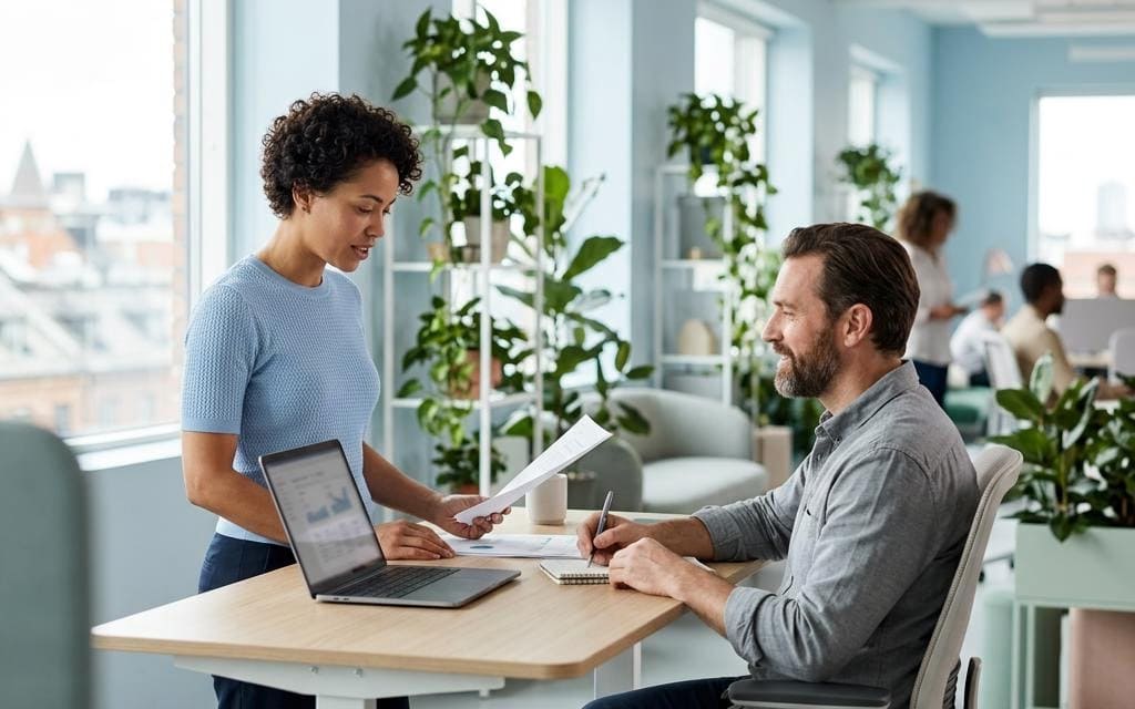 A standing colleague discussing documents with a seated coworker