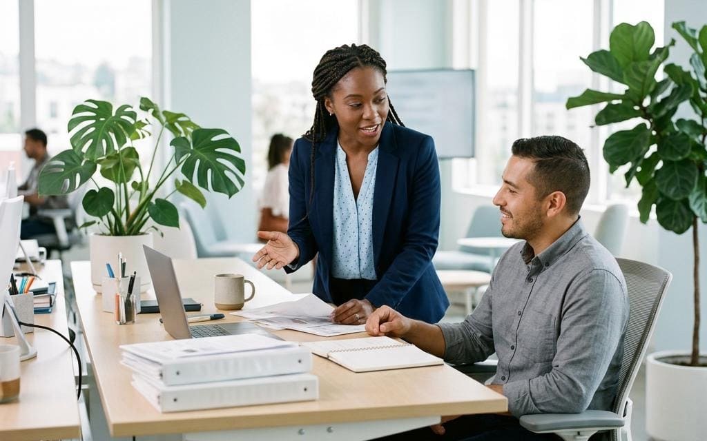 A standing colleague discussing paperwork with a seated coworker