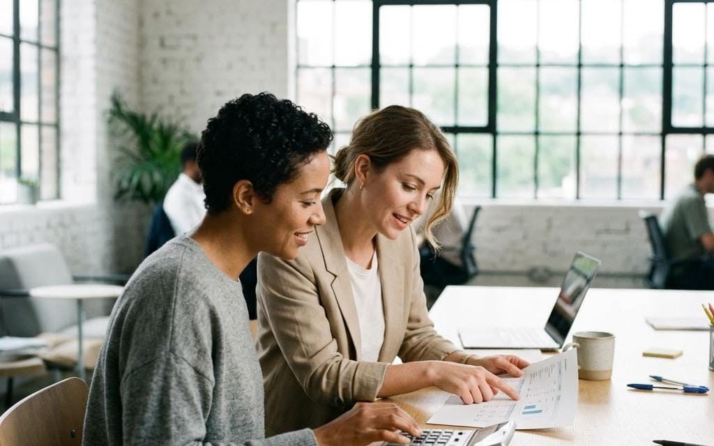 Two colleagues examining paperwork beside office monitors