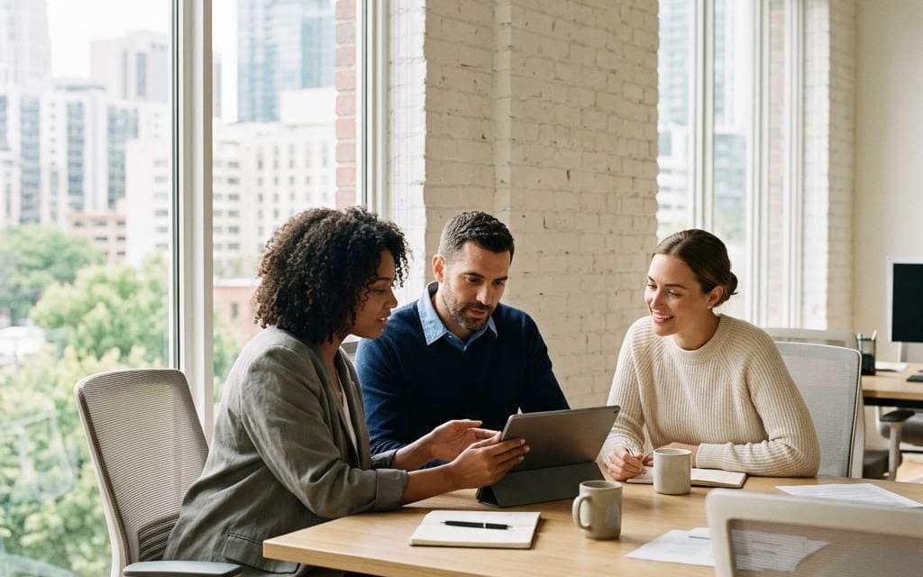 Three colleagues comparing a tablet around a round office table