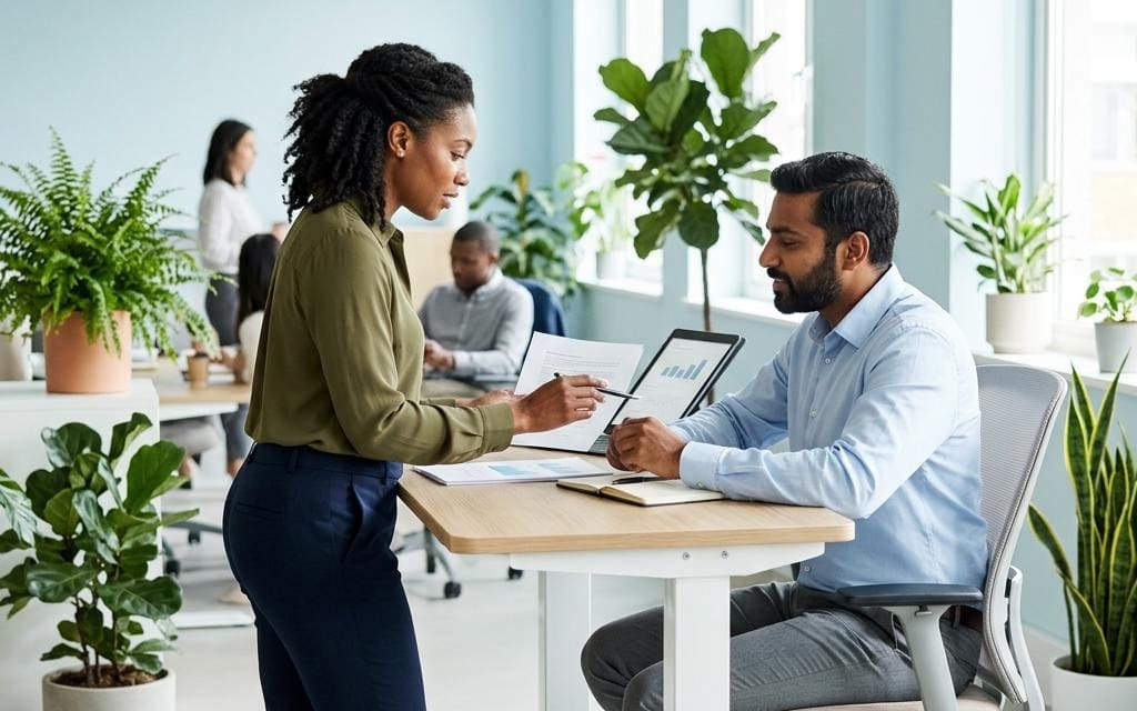 A standing colleague discussing paperwork with a seated coworker