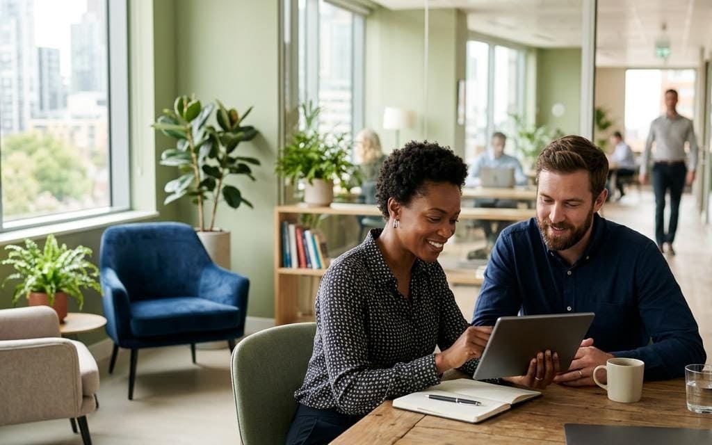 Two coworkers discussing a laptop in an office lounge
