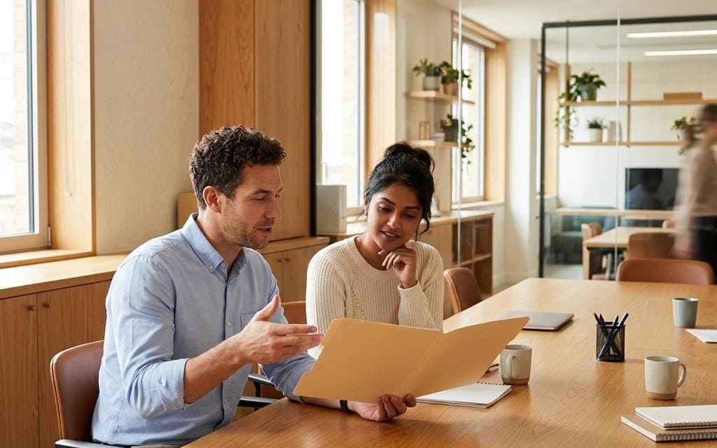 Two coworkers discussing a laptop at a wooden office table