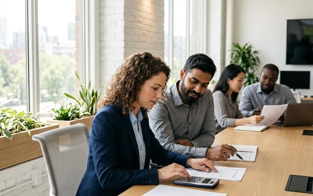 Three coworkers reviewing paperwork at a sunlit table