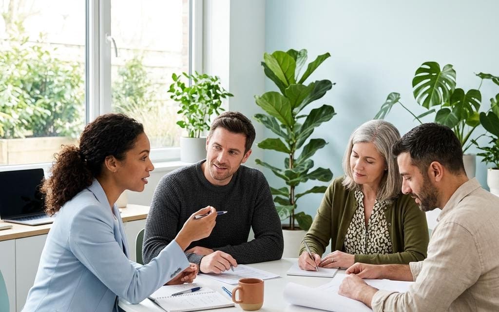 A team discussing paperwork around a white office table