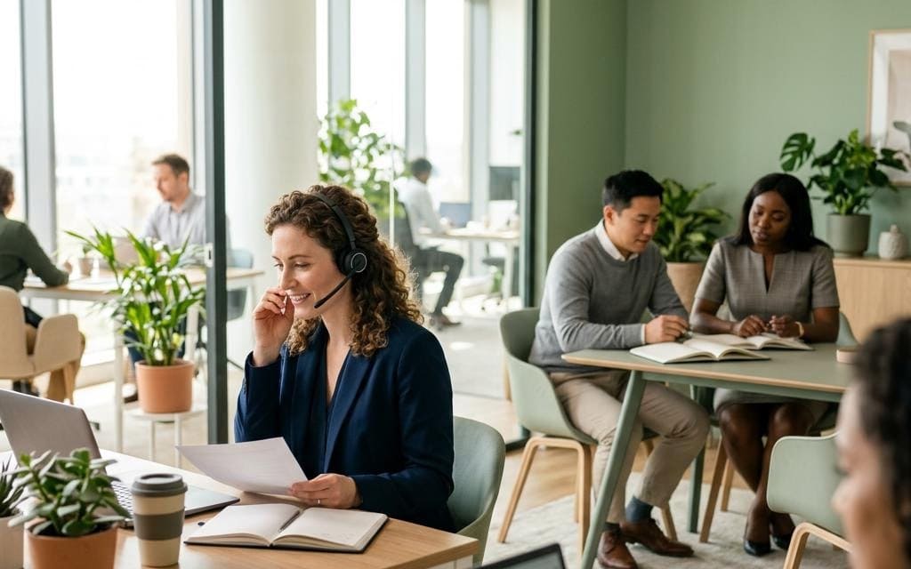 A headset-wearing professional working at a laptop in a shared office
