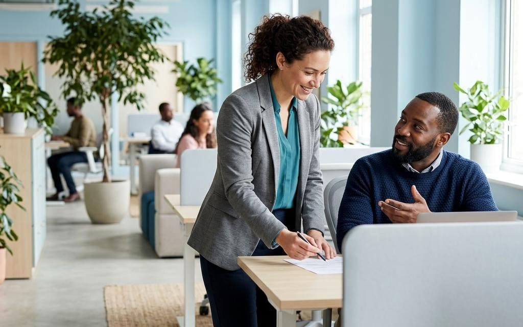 A standing colleague consulting a seated coworker beside bright office windows