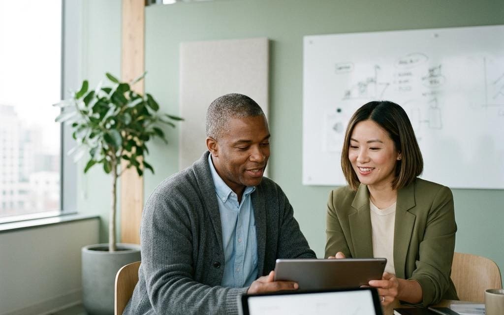 Two coworkers reviewing a tablet together in a bright office